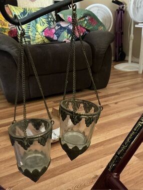 Ornate Hanging Glass Lantern Pair in Brass-Tone Metal